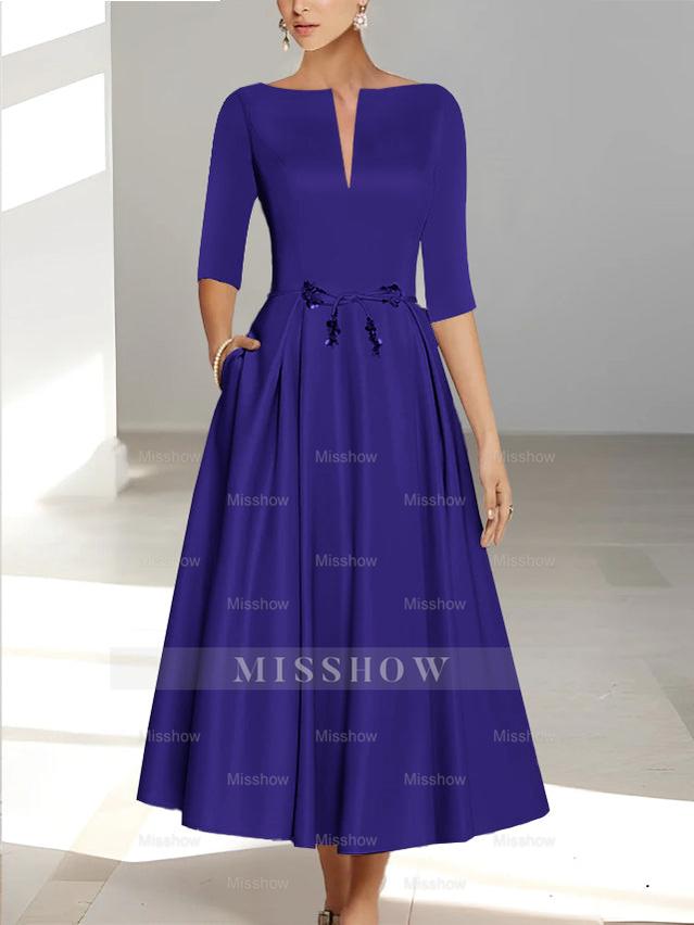 Ankle-Length Mother of the Bride A-Line Dress with Half Sleeves and Pockets