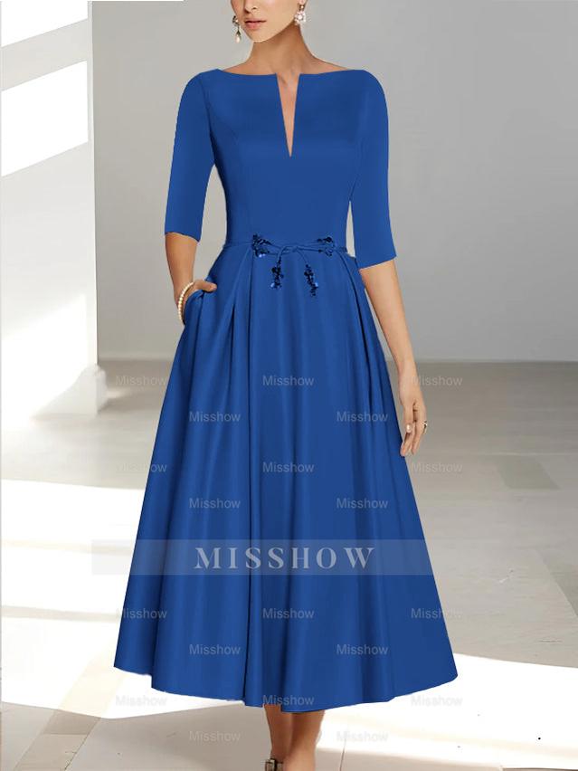 Ankle-Length Mother of the Bride A-Line Dress with Half Sleeves and Pockets
