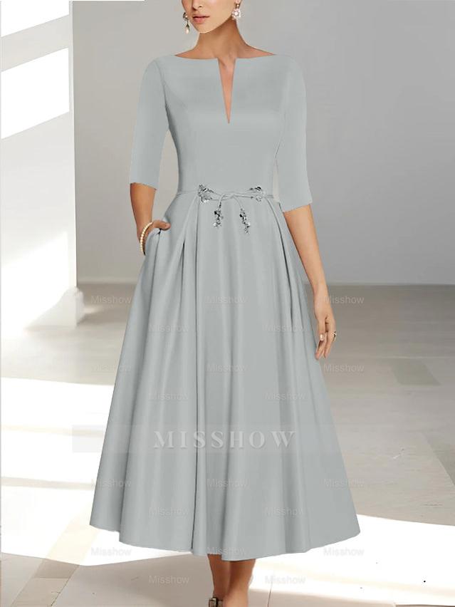 Ankle-Length Mother of the Bride A-Line Dress with Half Sleeves and Pockets