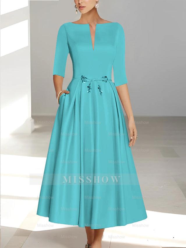 Ankle-Length Mother of the Bride A-Line Dress with Half Sleeves and Pockets