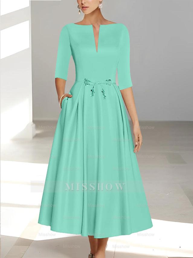 Ankle-Length Mother of the Bride A-Line Dress with Half Sleeves and Pockets