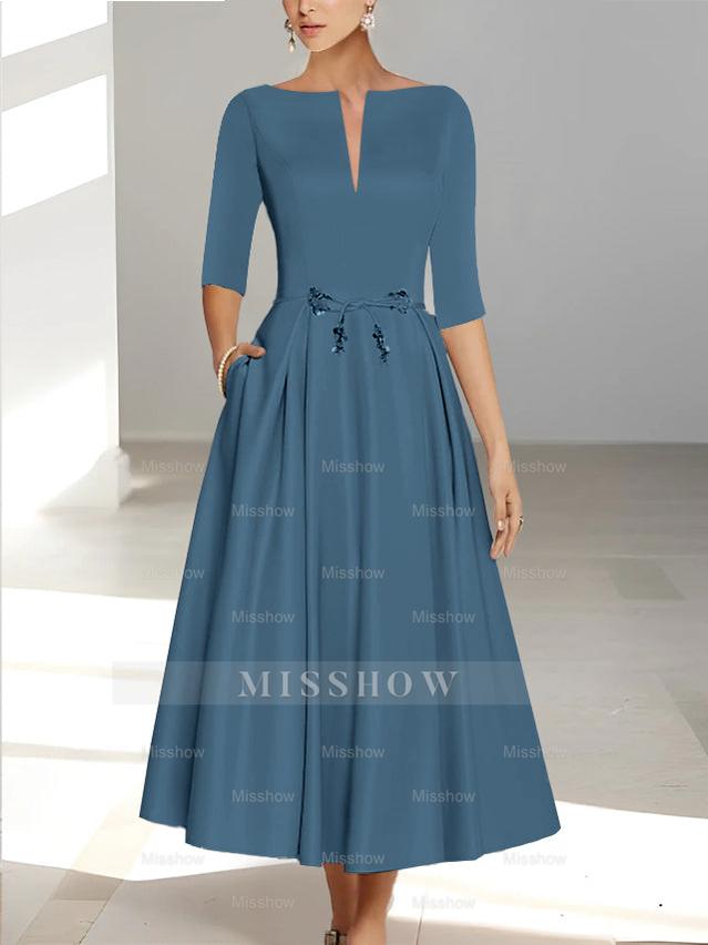 Ankle-Length Mother of the Bride A-Line Dress with Half Sleeves and Pockets