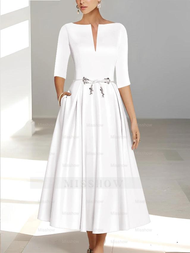 Ankle-Length Mother of the Bride A-Line Dress with Half Sleeves and Pockets