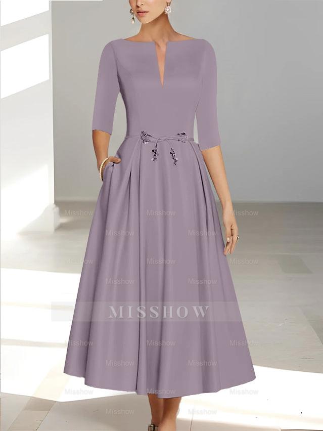 Ankle-Length Mother of the Bride A-Line Dress with Half Sleeves and Pockets
