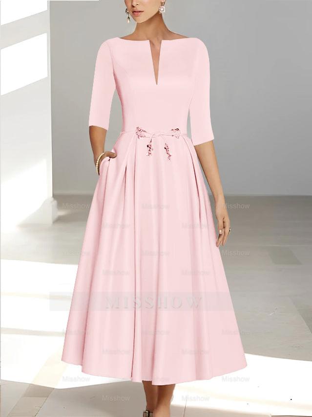 Ankle-Length Mother of the Bride A-Line Dress with Half Sleeves and Pockets