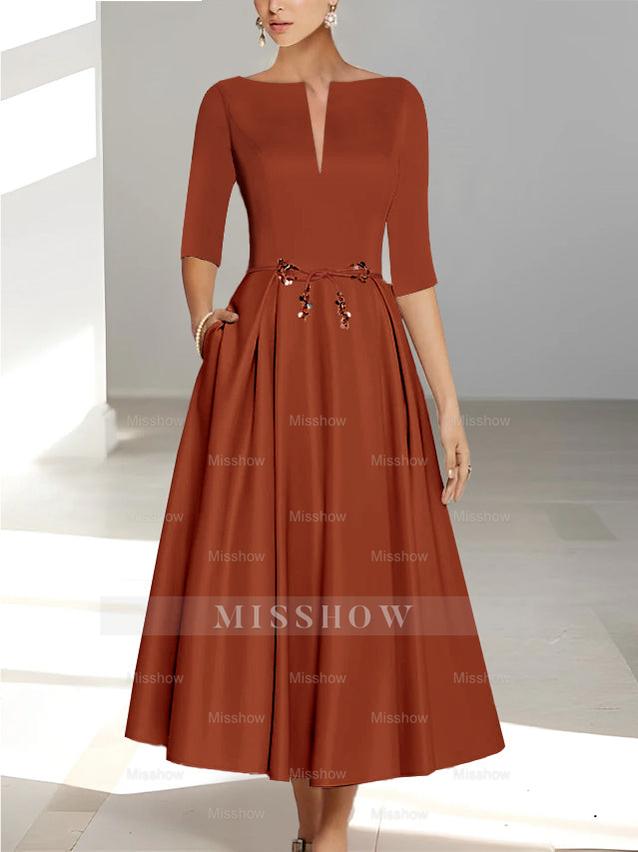Ankle-Length Mother of the Bride A-Line Dress with Half Sleeves and Pockets