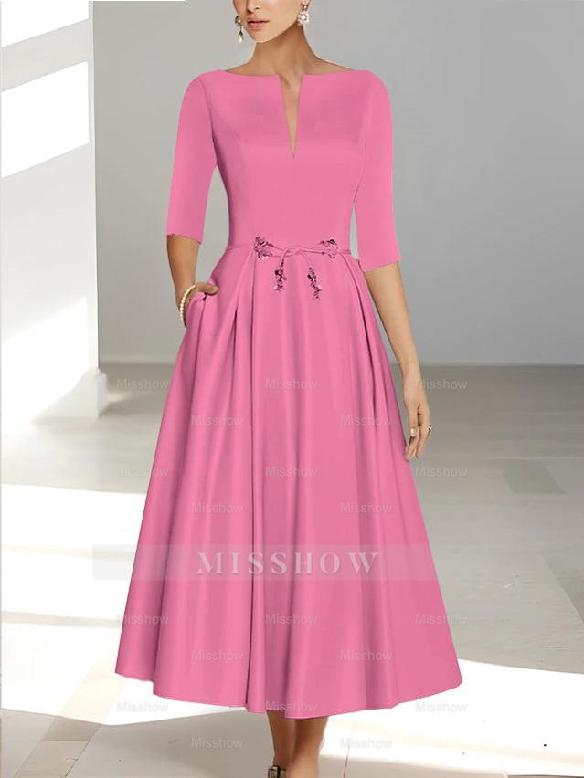 Ankle-Length Mother of the Bride A-Line Dress with Half Sleeves and Pockets