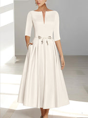 Ankle-Length Mother of the Bride A-Line Dress with Half Sleeves and Pockets