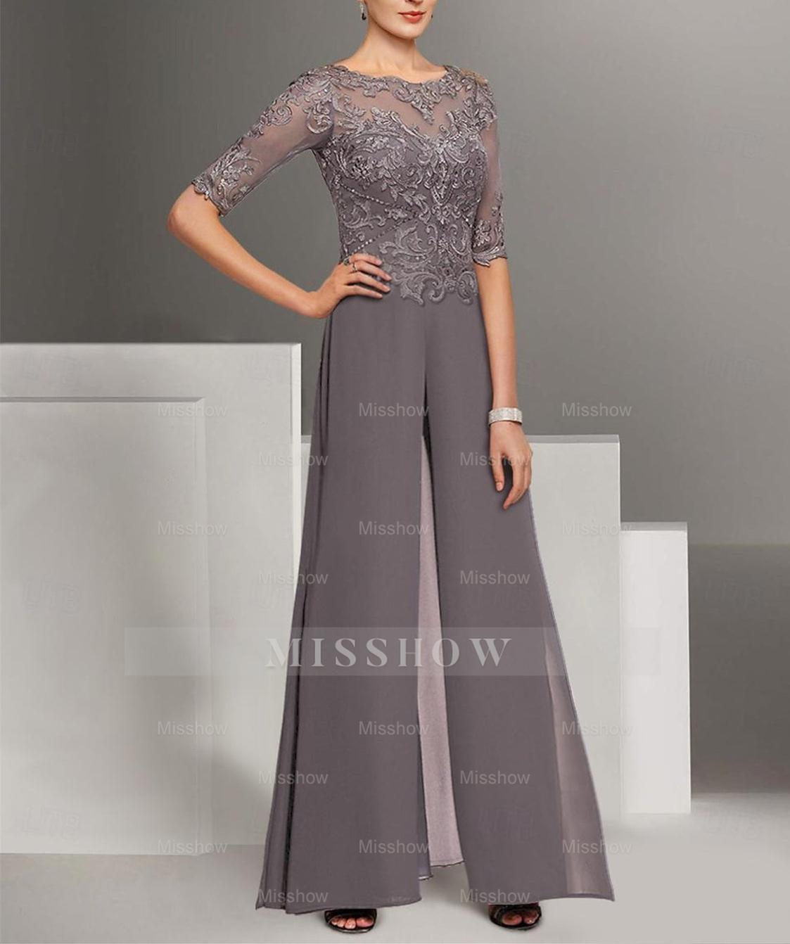 Ankle-Length Mother of the Bride Chiffon Pantsuit with Lace and Jewel Neckline
