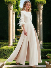 Ankle-Length Mother of the Bride Feather-Adorned Pantsuits with Jewel Neck and Half Sleeves