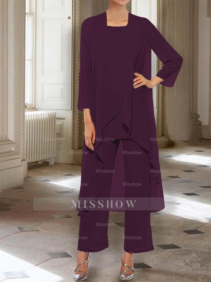 Ankle-Length Mother of the Bride Pantsuits with Jacket in Chiffon Round Neck and 3/4 Sleeves