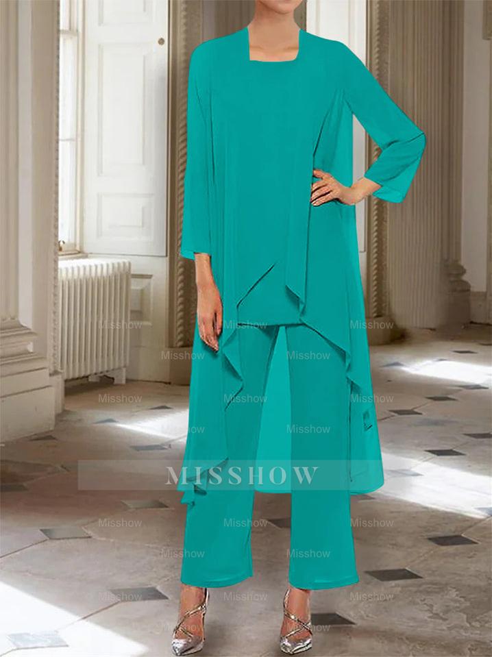 Ankle-Length Mother of the Bride Pantsuits with Jacket in Chiffon Round Neck and 3/4 Sleeves