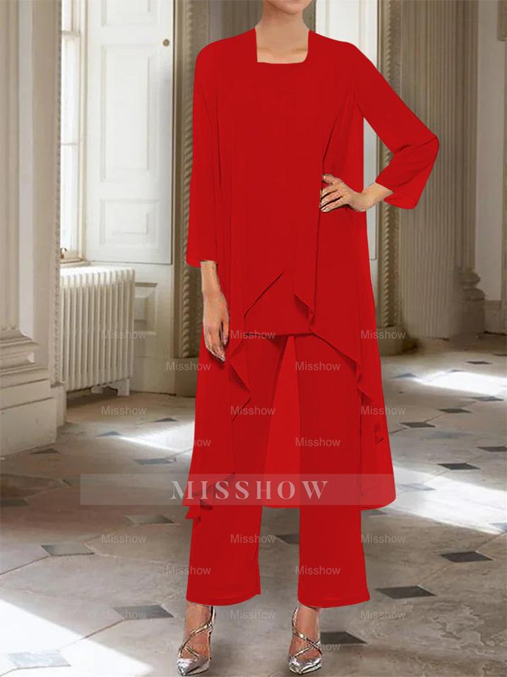 Ankle-Length Mother of the Bride Pantsuits with Jacket in Chiffon Round Neck and 3/4 Sleeves