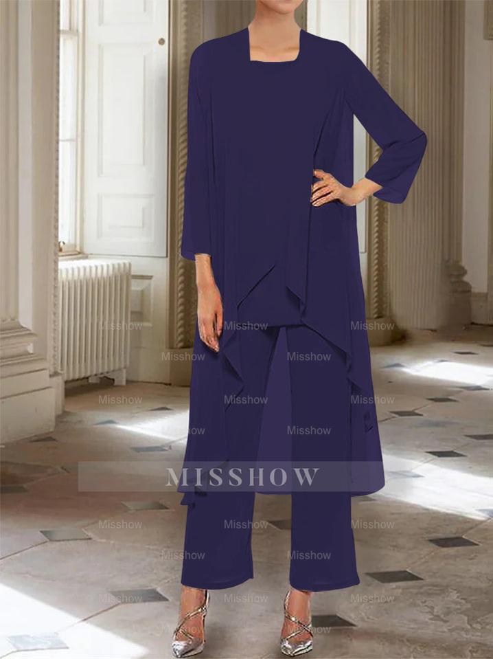 Ankle-Length Mother of the Bride Pantsuits with Jacket in Chiffon Round Neck and 3/4 Sleeves