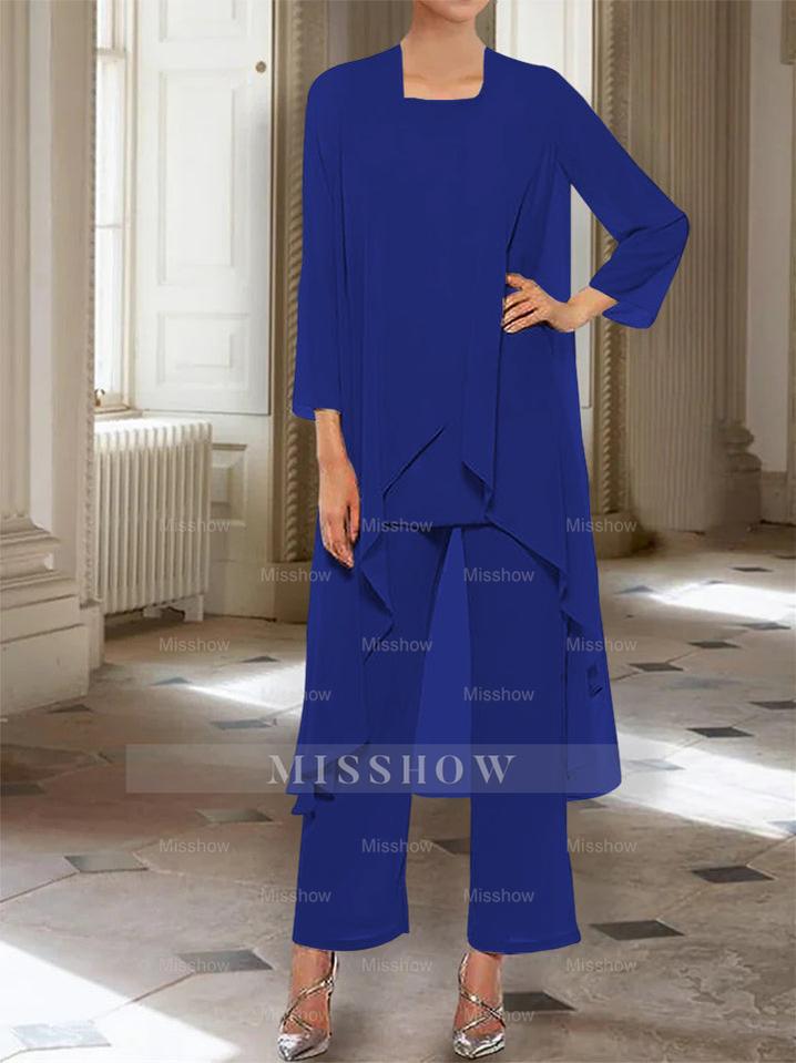 Ankle-Length Mother of the Bride Pantsuits with Jacket in Chiffon Round Neck and 3/4 Sleeves