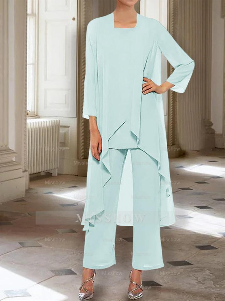 Ankle-Length Mother of the Bride Pantsuits with Jacket in Chiffon Round Neck and 3/4 Sleeves