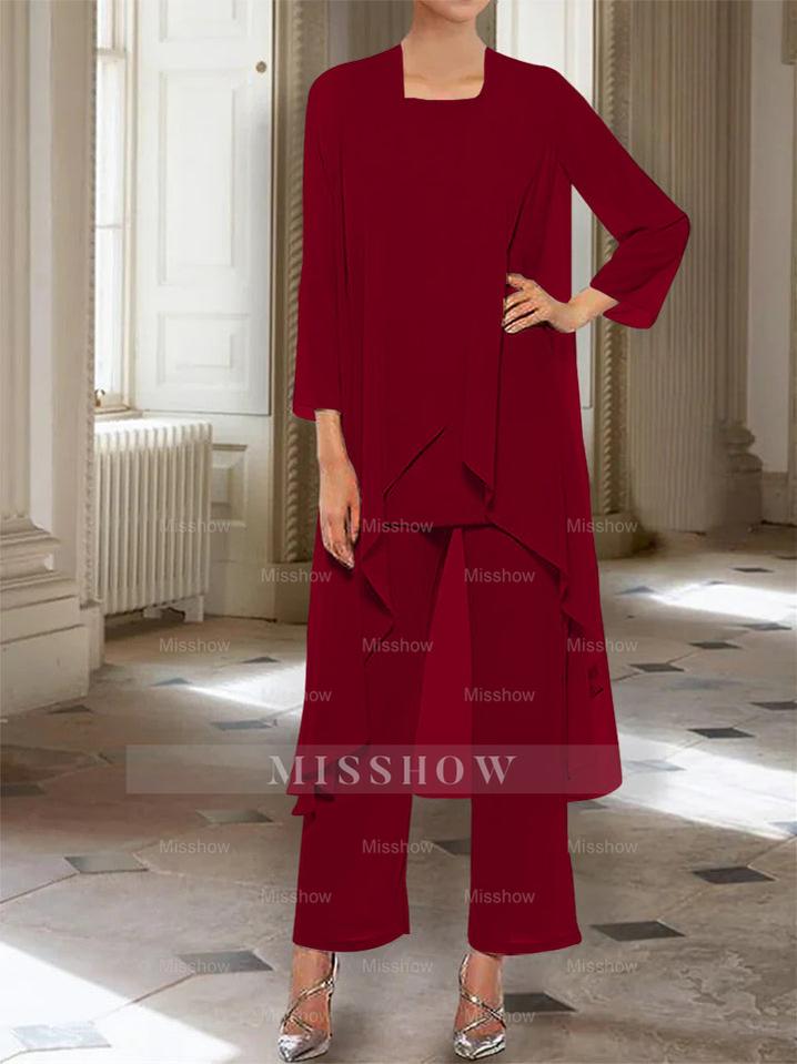 Ankle-Length Mother of the Bride Pantsuits with Jacket in Chiffon Round Neck and 3/4 Sleeves