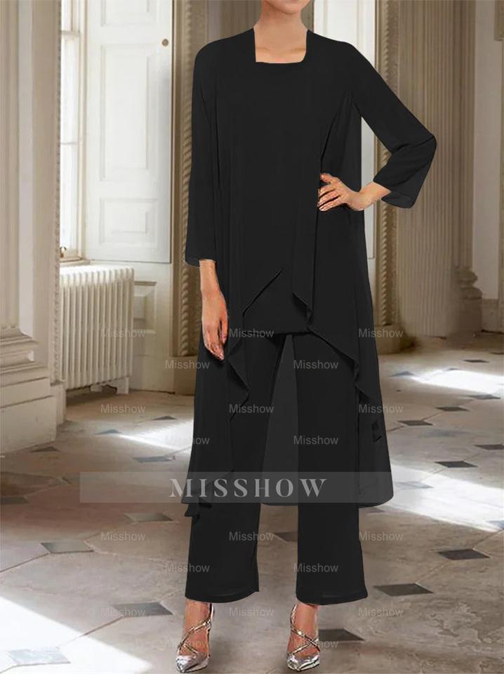 Ankle-Length Mother of the Bride Pantsuits with Jacket in Chiffon Round Neck and 3/4 Sleeves