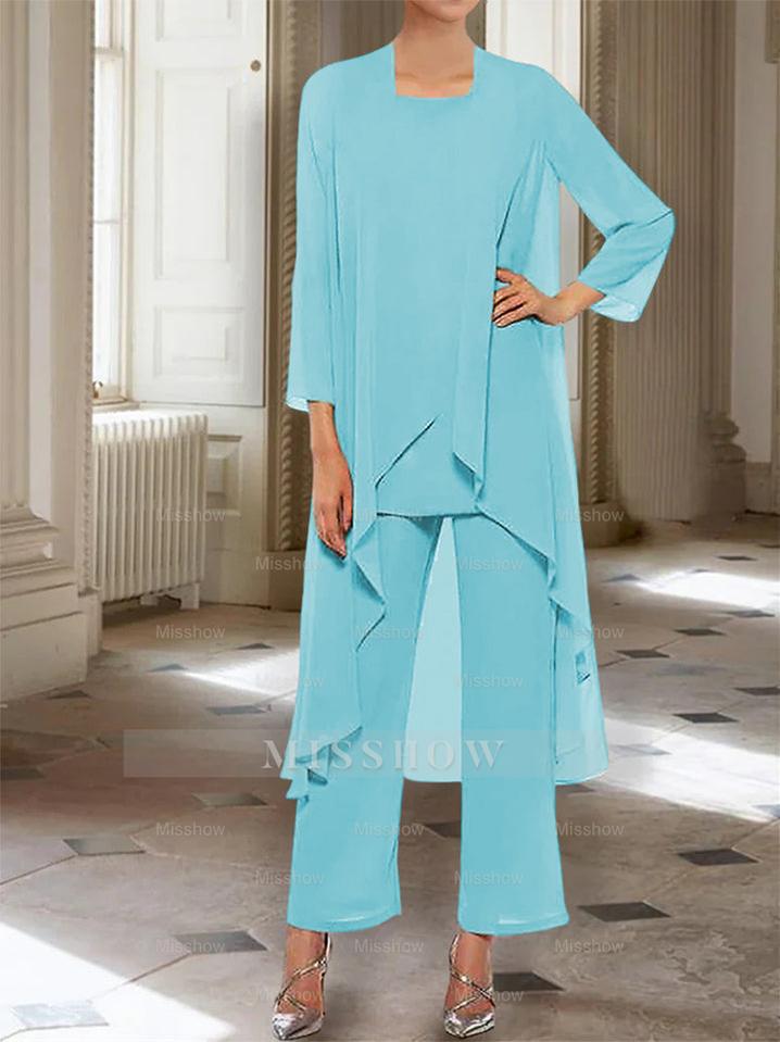 Ankle-Length Mother of the Bride Pantsuits with Jacket in Chiffon Round Neck and 3/4 Sleeves