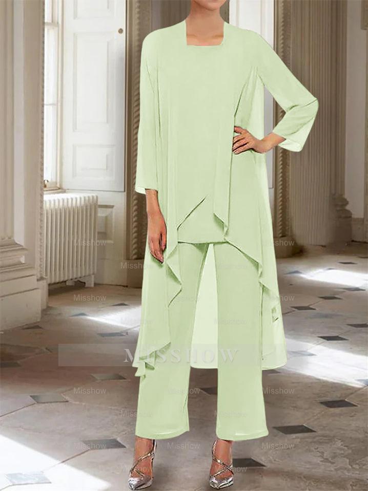 Ankle-Length Mother of the Bride Pantsuits with Jacket in Chiffon Round Neck and 3/4 Sleeves