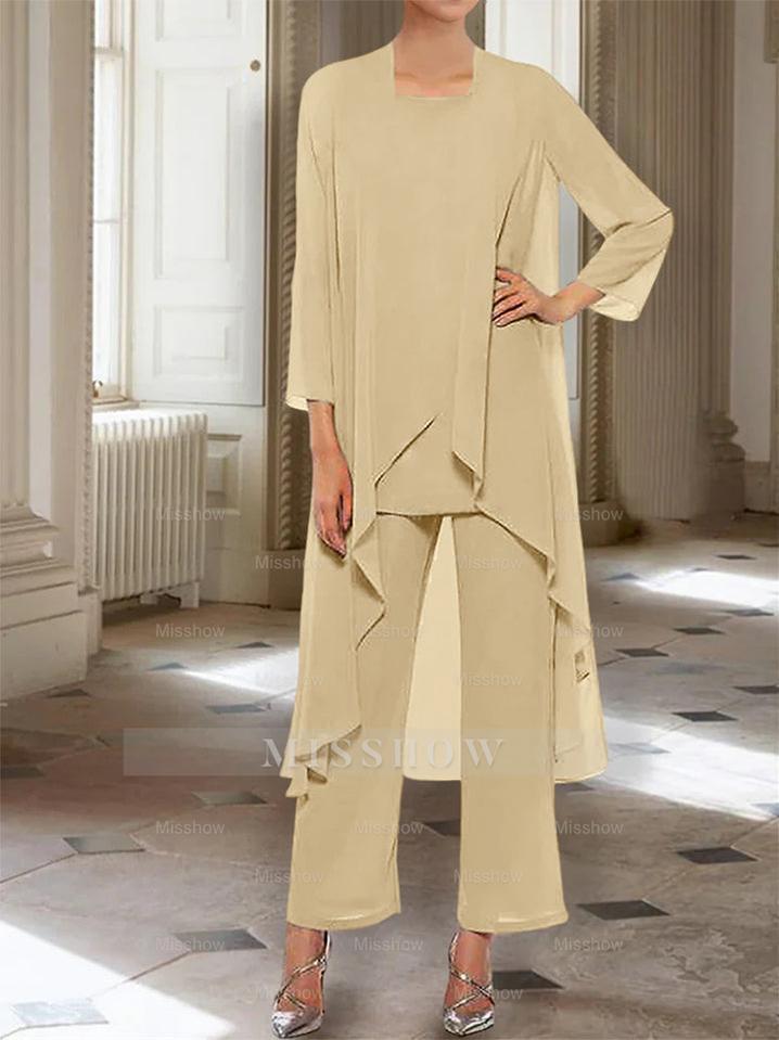 Ankle-Length Mother of the Bride Pantsuits with Jacket in Chiffon Round Neck and 3/4 Sleeves