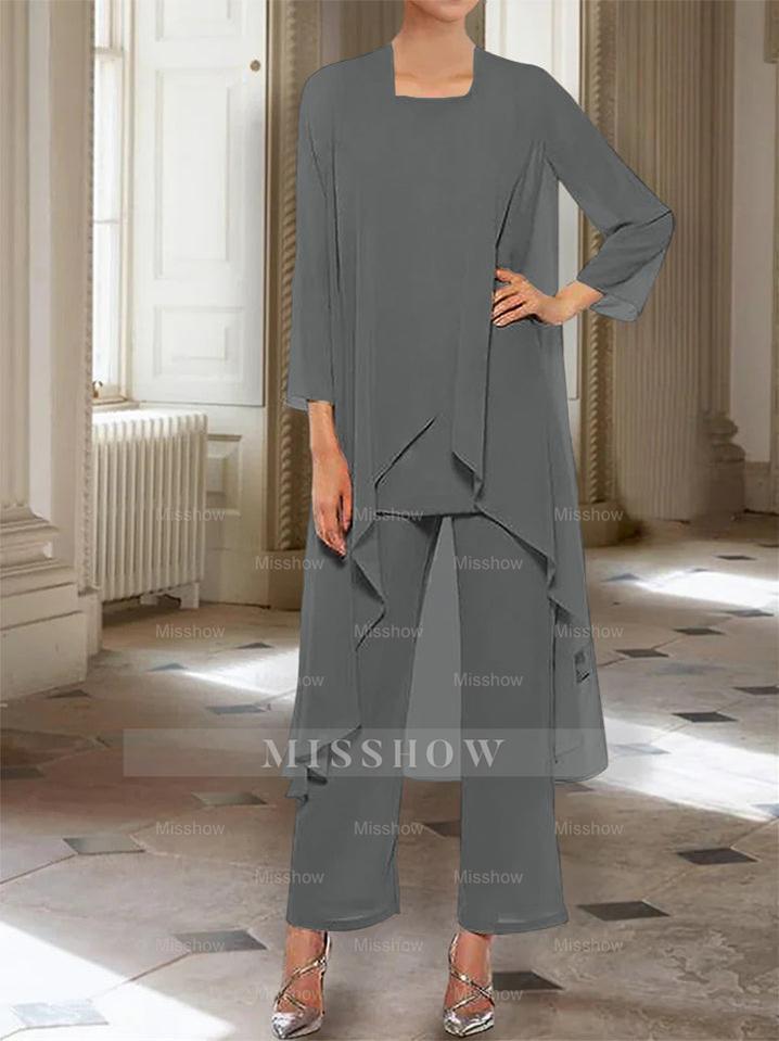 Ankle-Length Mother of the Bride Pantsuits with Jacket in Chiffon Round Neck and 3/4 Sleeves