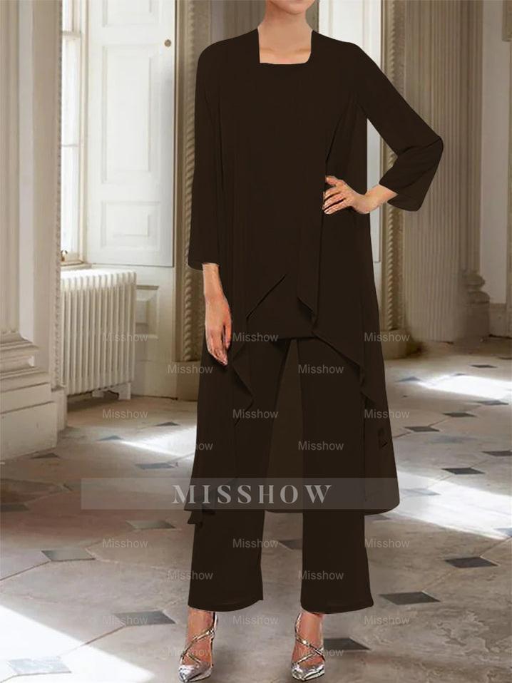 Ankle-Length Mother of the Bride Pantsuits with Jacket in Chiffon Round Neck and 3/4 Sleeves