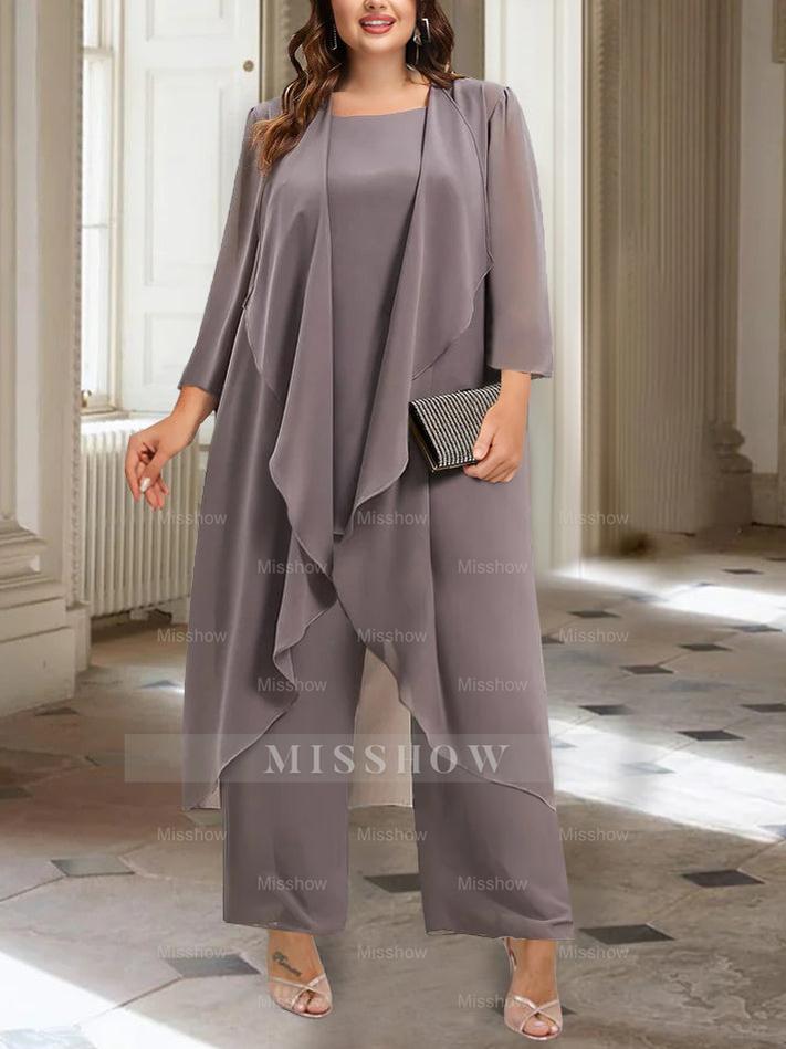 Ankle-Length Mother of the Bride Pantsuits with Jacket in Chiffon Round Neck and 3/4 Sleeves