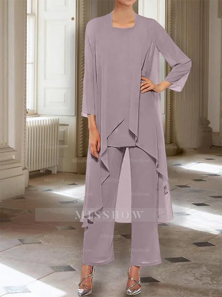 Ankle-Length Mother of the Bride Pantsuits with Jacket in Chiffon Round Neck and 3/4 Sleeves
