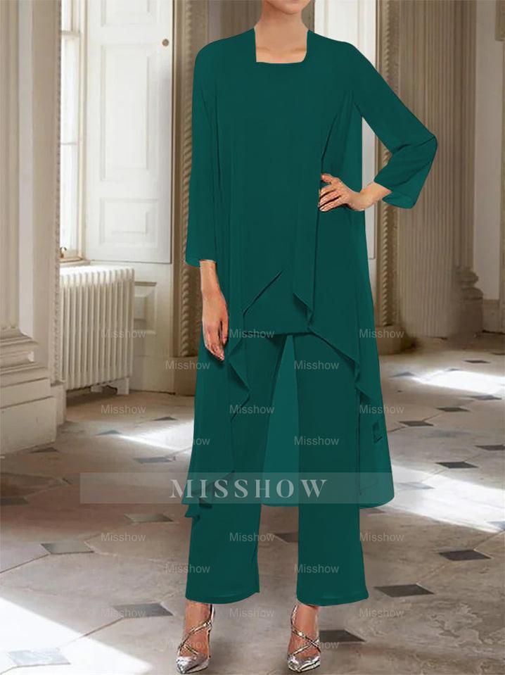 Ankle-Length Mother of the Bride Pantsuits with Jacket in Chiffon Round Neck and 3/4 Sleeves