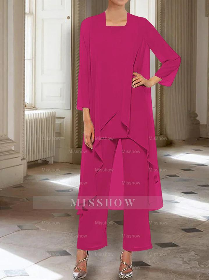 Ankle-Length Mother of the Bride Pantsuits with Jacket in Chiffon Round Neck and 3/4 Sleeves