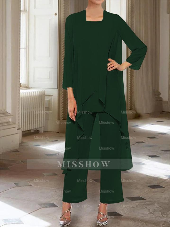 Ankle-Length Mother of the Bride Pantsuits with Jacket in Chiffon Round Neck and 3/4 Sleeves