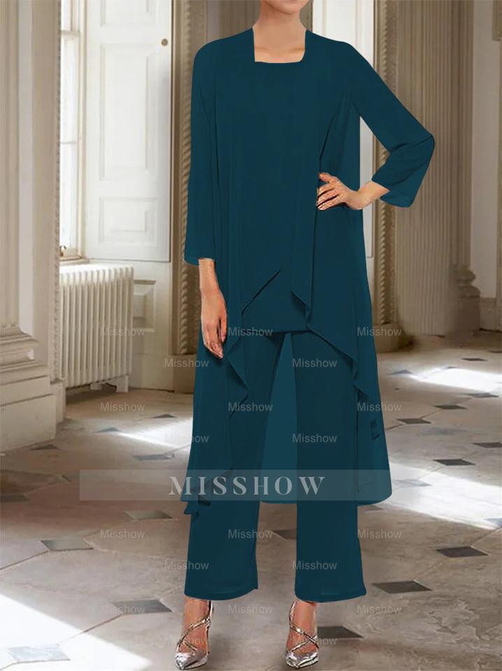 Ankle-Length Mother of the Bride Pantsuits with Jacket in Chiffon Round Neck and 3/4 Sleeves