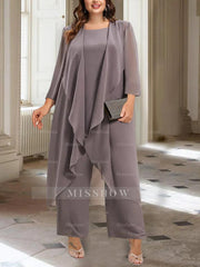 Ankle-Length Mother of the Bride Pantsuits with Jacket in Chiffon Round Neck and 3/4 Sleeves