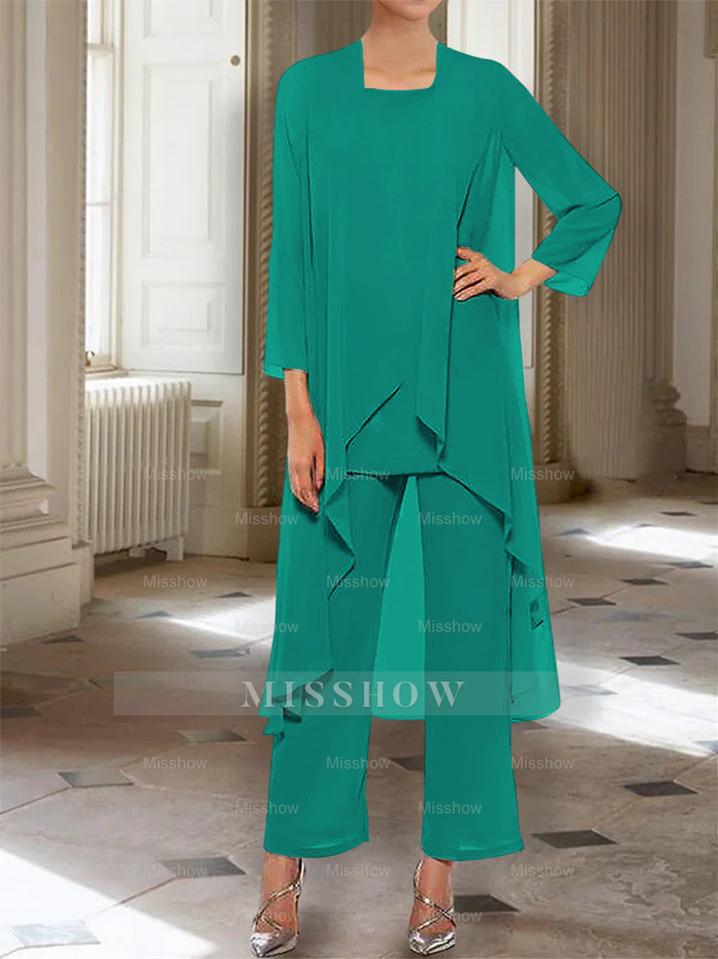 Ankle-Length Mother of the Bride Pantsuits with Jacket in Chiffon Round Neck and 3/4 Sleeves