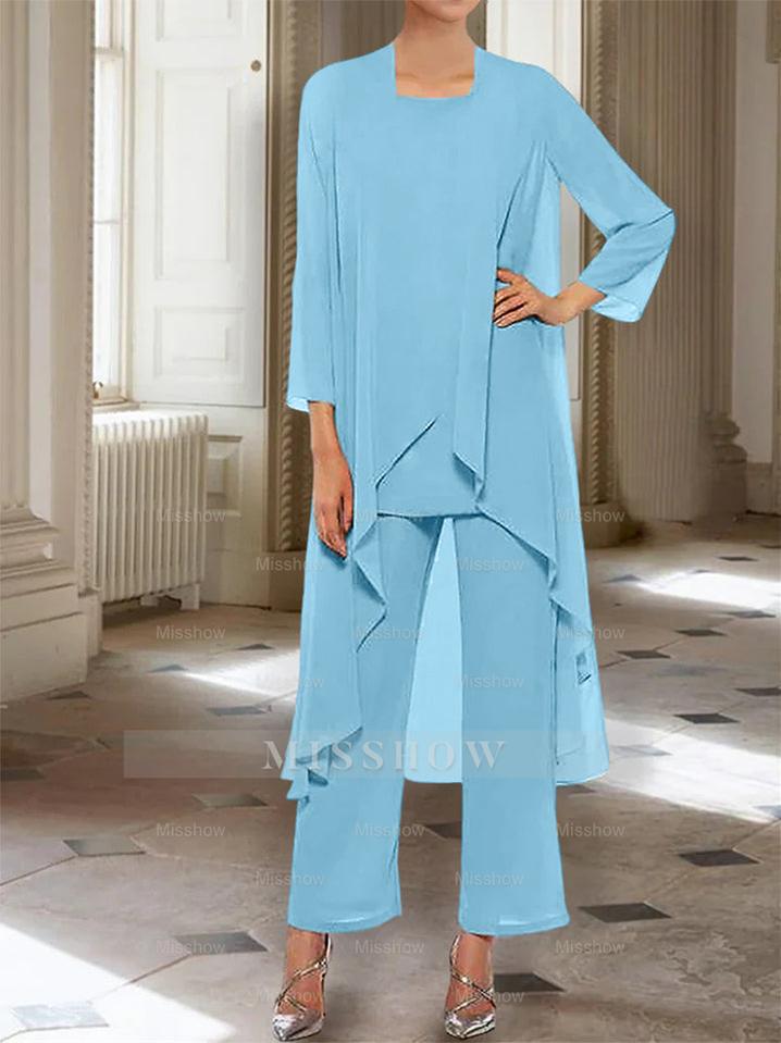 Ankle-Length Mother of the Bride Pantsuits with Jacket in Chiffon Round Neck and 3/4 Sleeves
