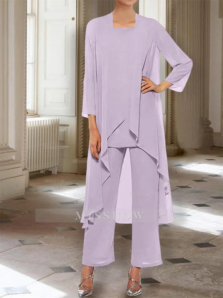 Ankle-Length Mother of the Bride Pantsuits with Jacket in Chiffon Round Neck and 3/4 Sleeves