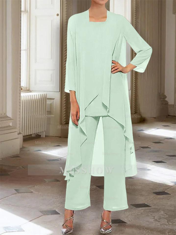 Ankle-Length Mother of the Bride Pantsuits with Jacket in Chiffon Round Neck and 3/4 Sleeves