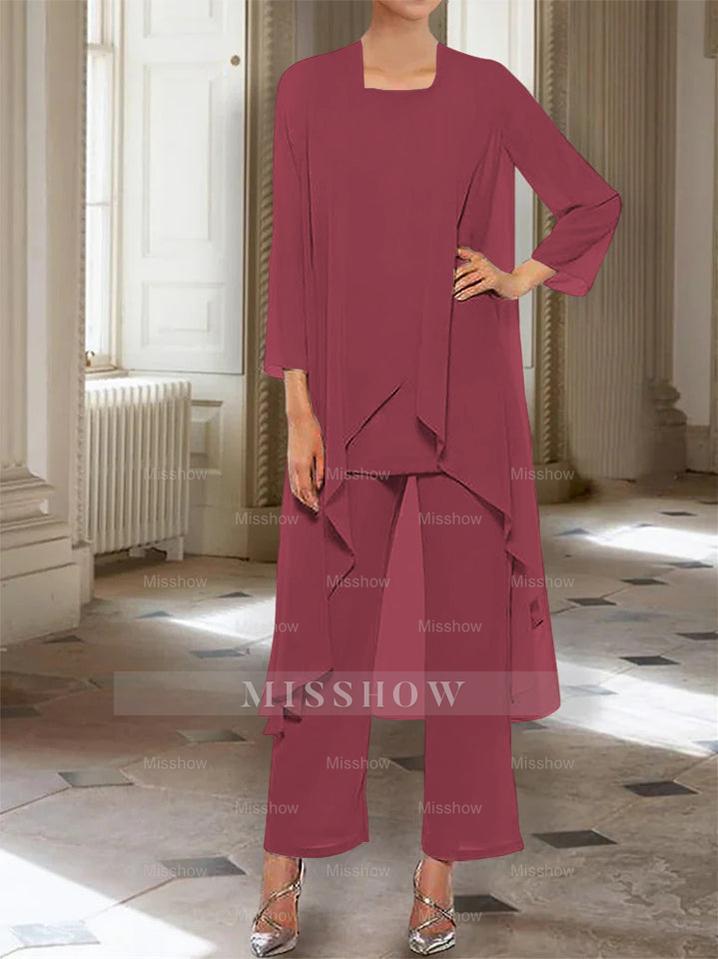 Ankle-Length Mother of the Bride Pantsuits with Jacket in Chiffon Round Neck and 3/4 Sleeves