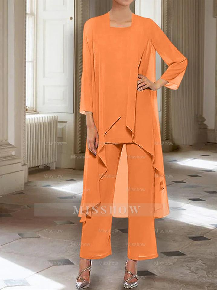 Ankle-Length Mother of the Bride Pantsuits with Jacket in Chiffon Round Neck and 3/4 Sleeves