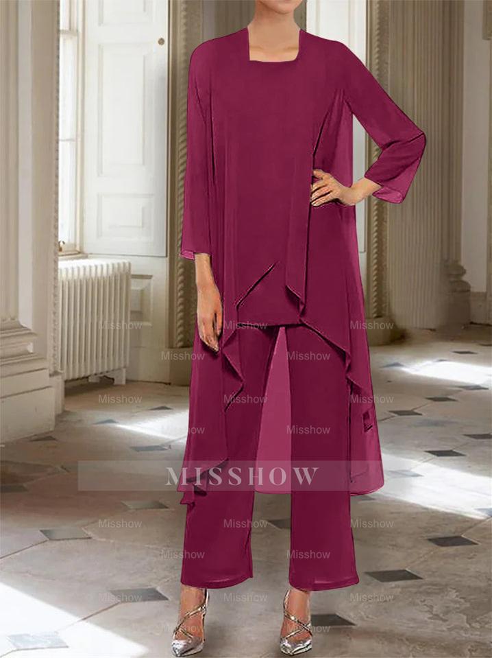 Ankle-Length Mother of the Bride Pantsuits with Jacket in Chiffon Round Neck and 3/4 Sleeves