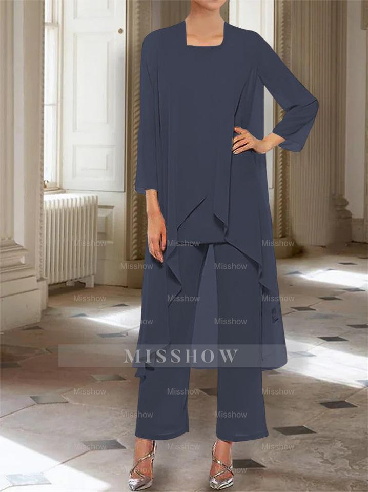 Ankle-Length Mother of the Bride Pantsuits with Jacket in Chiffon Round Neck and 3/4 Sleeves