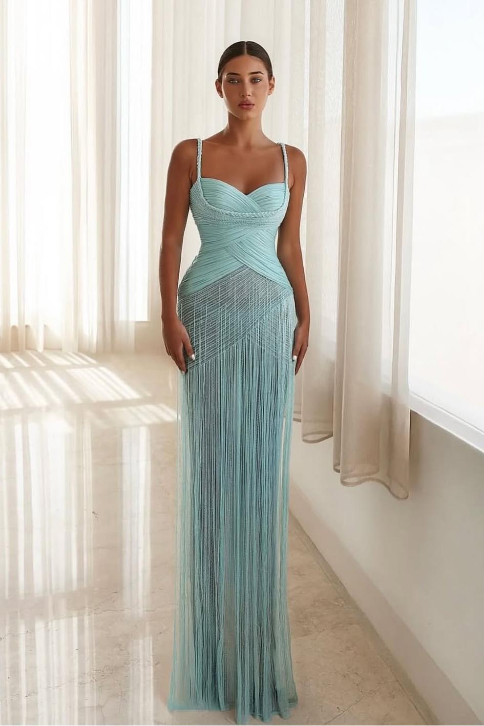 Aqua Beaded Sweetheart Sleeveless Sequined Mermaid Floor Length Formal Evening Dress