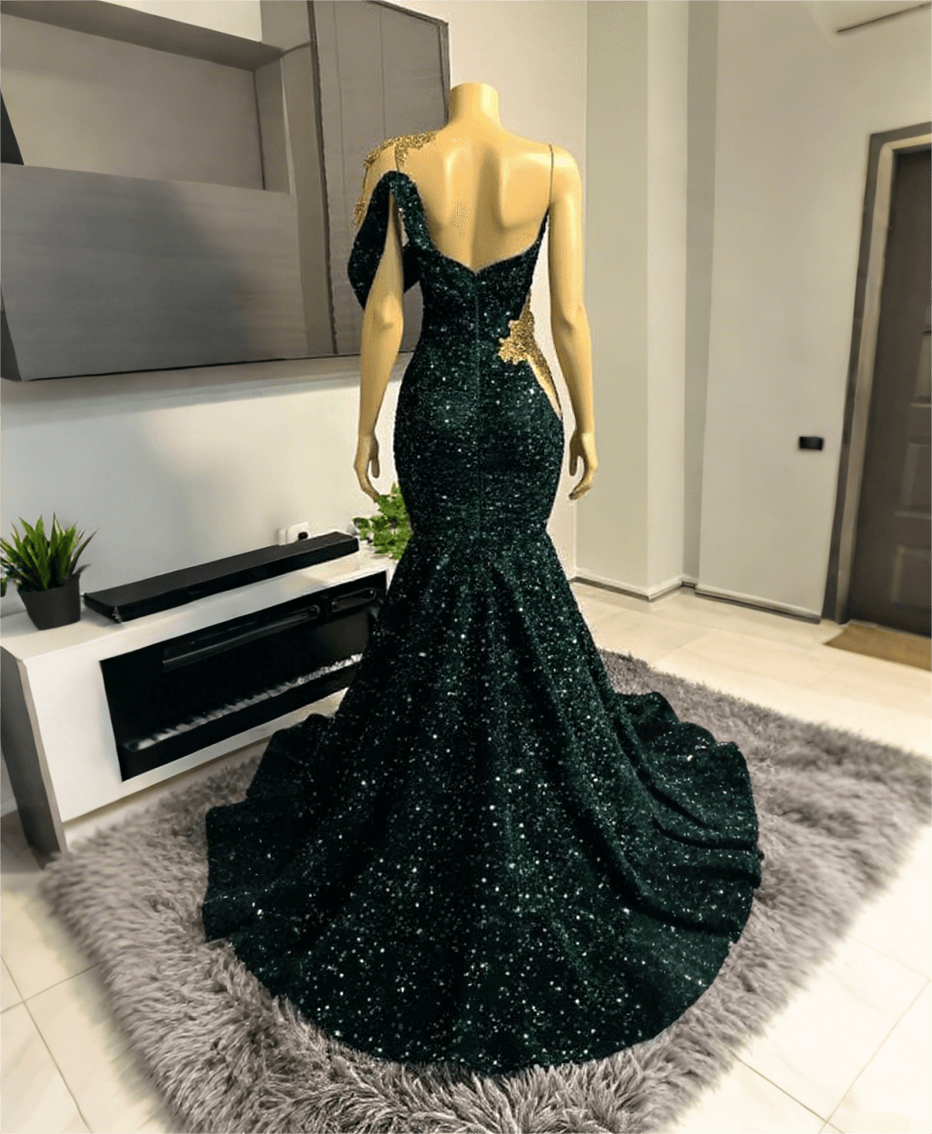 Asymmetric Dark Green Sequins Mermaid Prom Dress Gold 3D Crystals Bodycon Party Gown