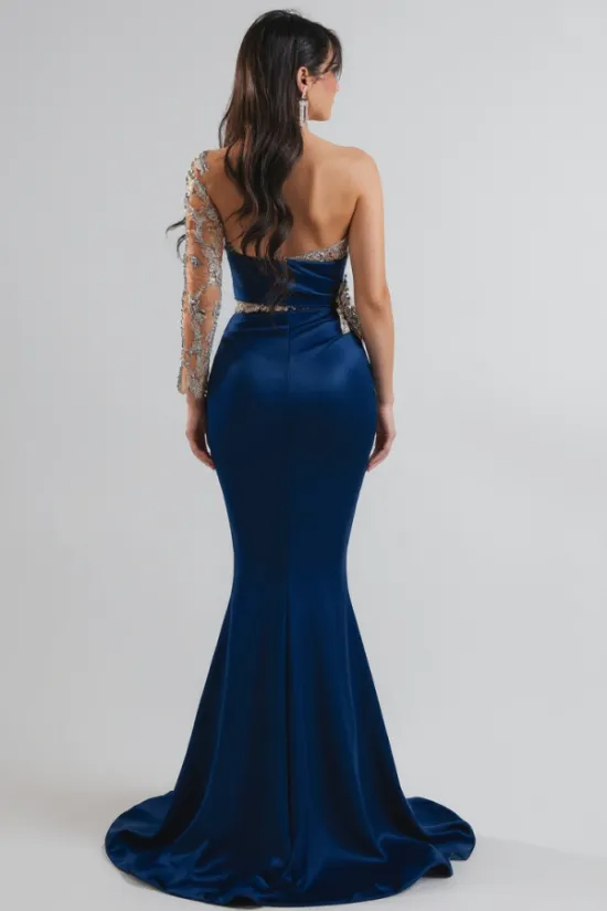 Asymmetric One-Sleeve Illusion Multicolour Floral Embroidery Sweetheart Ruched Satin Open Back Mermaid Evening Dress Sweep Train