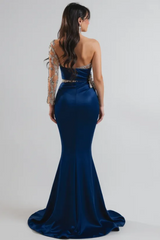 Asymmetric One-Sleeve Illusion Multicolour Floral Embroidery Sweetheart Ruched Satin Open Back Mermaid Evening Dress Sweep Train