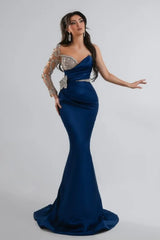 Asymmetric One-Sleeve Illusion Multicolour Floral Embroidery Sweetheart Ruched Satin Open Back Mermaid Evening Dress Sweep Train