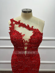 Asymmetric Red One Shoulder Lace Mermaid Prom Dress with Slit