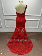 Asymmetric Red One Shoulder Lace Mermaid Prom Dress with Slit