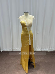 Asymmetric Yellow Strapless Beaded Column Evening Dress with Slit
